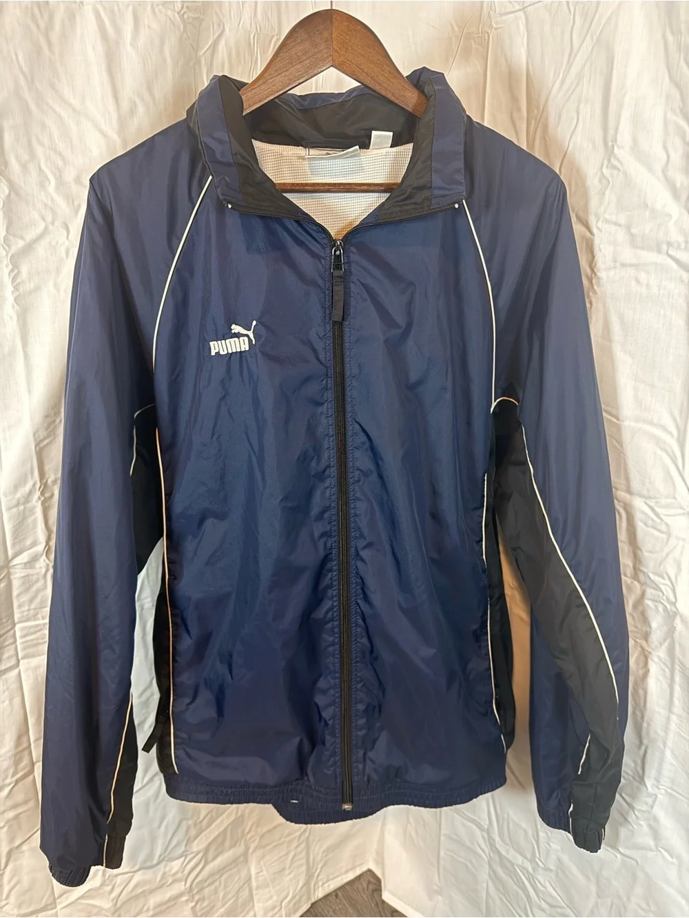 Puma Navy and Black Hooded Windbreaker with White Piping